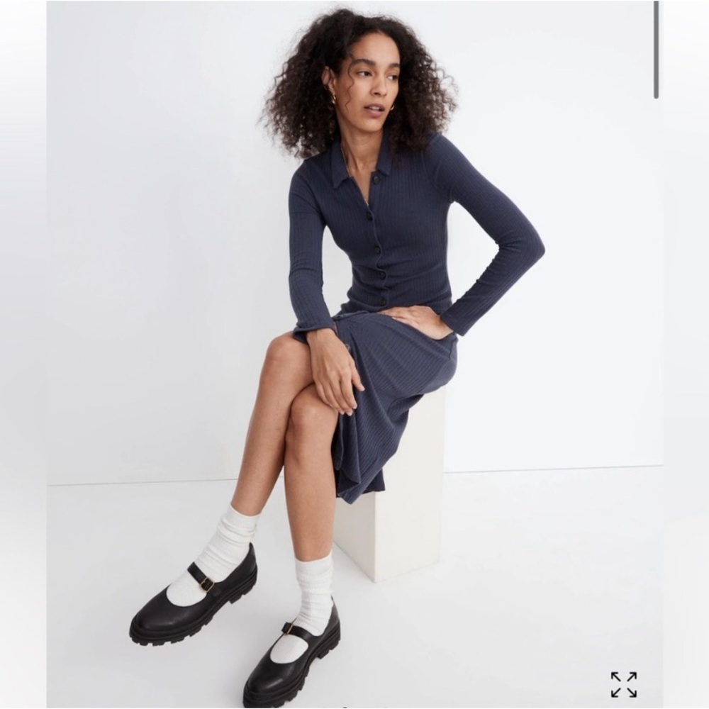 Madewell Navy Ribbed Button-Down Midi Dress | Long Sleeve Knit Dress